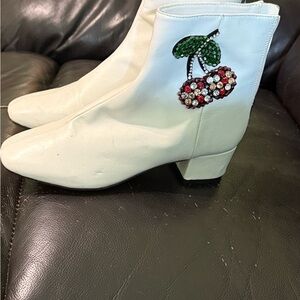 Betsey Johnson Cream Ankle Boots with Cherry Embellishment